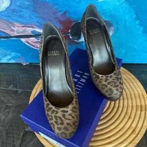 Stuart Weitzman Suede Leopard Print Leather High Heel Platform Pumps Size 6.5 M
